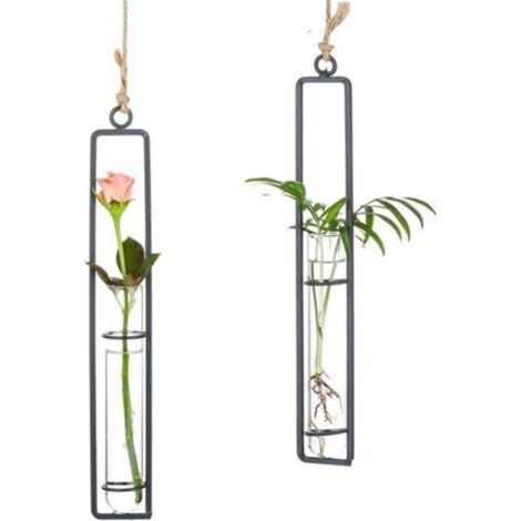 2 vases en verre avec éléments en fer forgé, conteneur hydroponique créatif, tubes en verre pour compositions florales, paniers suspendus décoratifs pour plantes – idéal salon et jardin, couleur noire