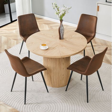 Ensemble de salle à manger rond MDF décor bois naturel avec 4 chaises en tissu brun et métal noir, table Ø100x76 cm (1/5)