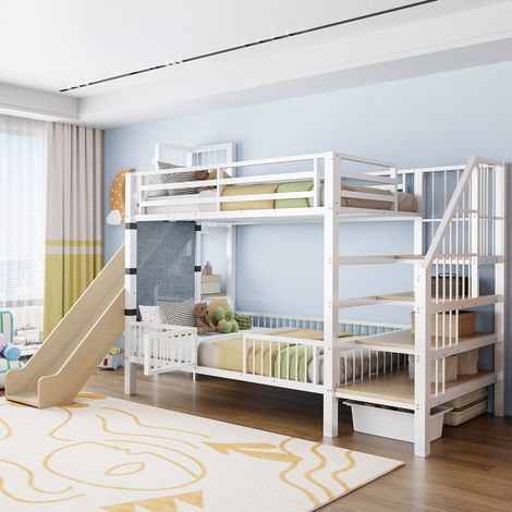 DESVIAE Lit mezzanine enfant avec toboggan et escalier de rangement 90 x 200 cm barrières de sécurité porte et étagères intégrées blanc (1/5)