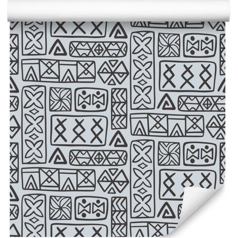Carta da parati con motivo geometrico polinesiano, grigio e grigio chiaro, 50x1000 cm (1/5)