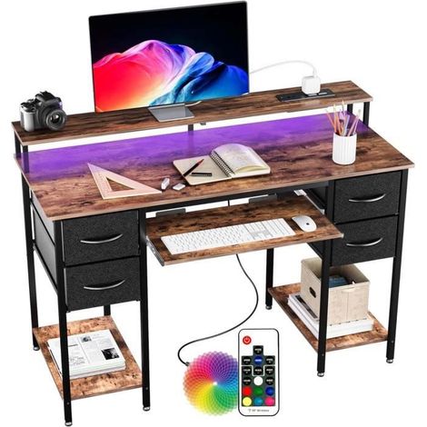 Bureau Informatique - BEXEVUE - 120x50cm - 4 Tiroirs Réversibles - LED - Design Contemporain