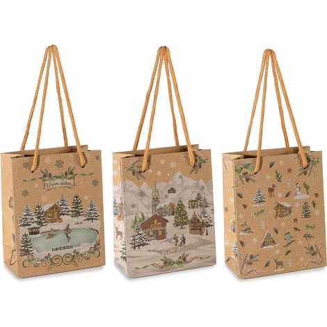 Sacchetti / buste piccola in carta kraft natalizia con manici stampa paesaggio innevato, set da 60 pezzi, cm 11,5 x 6 x 14,5 H