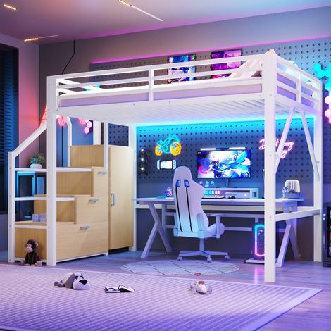 Lit mezzanine en métal 140 x 200 cm, Lit mezzanine de jeu, lit enfant, compartiments de rangement et penderie, éclairage LED, blanc (1/5)