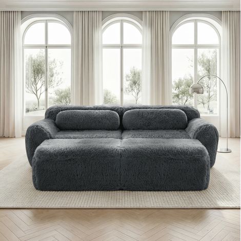 Modulares 2-Sitzer-Sofa Grau aus Plüsch mit 2 Ottomane und montagefreiem Design (1/5)