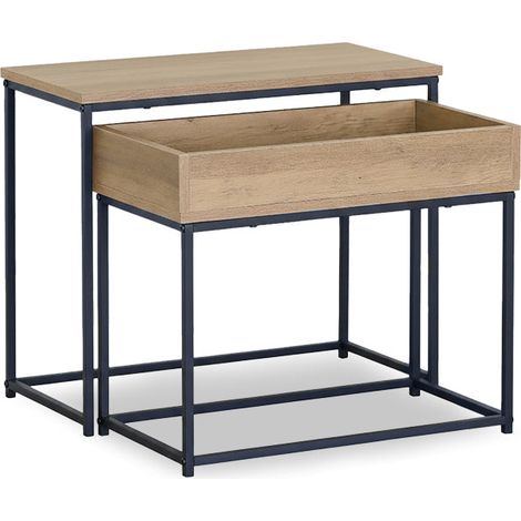 Mesita Auxiliar en Madera y Metal, Estilo Industrial Nancy, 50cm, Roble y Negro