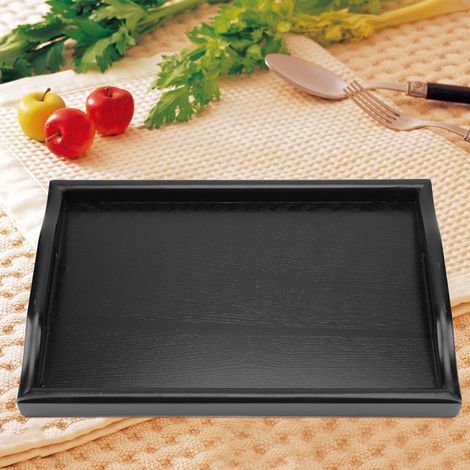 Plateau de service portable binaural rectangulaire en bois massif pour thé, café et collations (noir) (1/5)