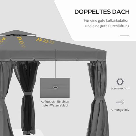 Pavillon extérieur 2,96x2,96 m, abri de jardin double toit, tonnelle de réception avec 4 parois latérales, moustiquaire, imperméable, aluminium et polyester, gris anthracite