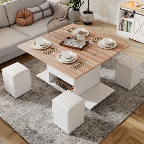 Mesa de centro 2 en 1 con tablero elevable, 100x100 cm, con espacio de almacenamiento, 4 taburetes, tablero plegable, color blanco. (1/5)
