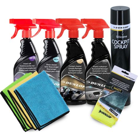 DUNLOP Kit Nettoyage Auto Complet 9pcs - Soin Intérieur/Extérieur - Sprays Cockpit & Vitres + Rénovateur + 4 Microfibres Pro (1/4)