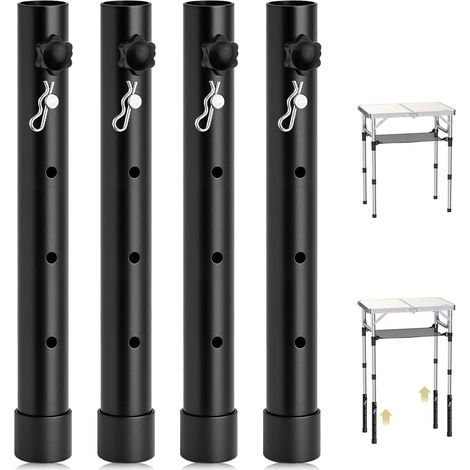 Lot de 4 pieds de table métalliques réglables 44cm, 4 niveaux de hauteur rallonge noir, adapté table pliante meuble chaise canapé et mobilier intérieur.