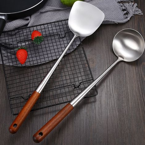 Spatule - Acier Inoxydable - Poignée En Bois Résistant À La Chaleur - Pour Wok Et Cuisinière - 1 Pièce (1/5)