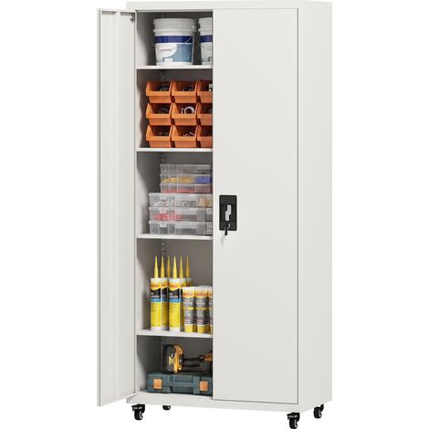 HOMCOM armario de herramientas de acero 180 cm con ruedas con freno, cerradura y 4 estantes ajustables, carga 250 kg, para garaje, hogar, blanco