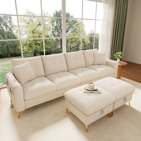 Canapé-lit modulable en U 4 places 263 × 137 × 85 cm - 2 poufs avec rangement, 2 coussins - chenille - Beige (1/5)