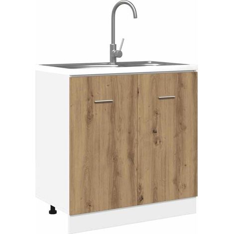 Meuble de Salle de Bain en Bois Chêne 80 cm - Vasque Intégrée, Design Moderne avec Rangements, Robuste et Résistant à l'Humidité pour WC et Douche (1/5)