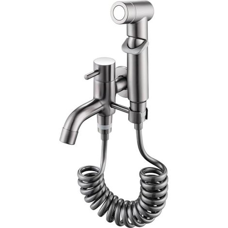 Robinet de lavabo de balcon tout cuivre avec douchette, tuyau flexible de 5 mètres - 1 ensemble, gris