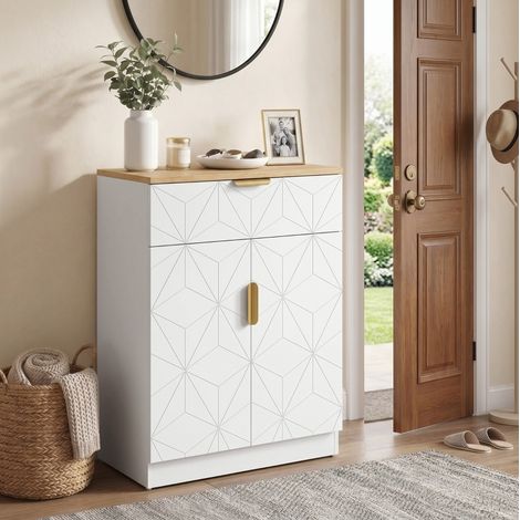 Aparador moderno 60 cm para salón con cajón, estantes regulables y puertas texturizadas, acabado blanco y madera natural (1/5)