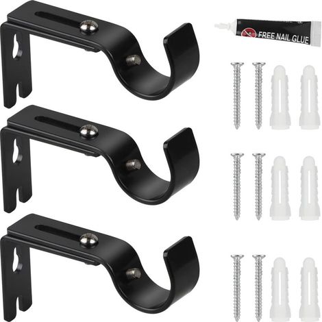 Lot de 3 supports de tringle à rideaux réglables en métal - Diamètre : 20 à 25 mm - Longueur réglable : 3 cm - Tringle à rideaux auto-adhésive et perçage - Pour la maison et le bureau - Noir (1/5)