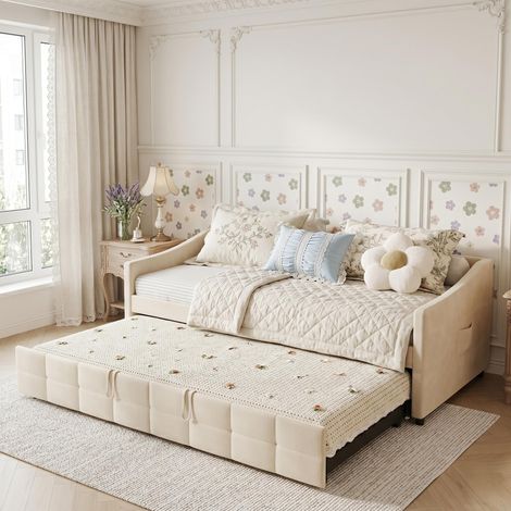 Lit gigogne 90x180/200 cm en Velours Beige - Canapé Convertible canapé-lit extensible avec Sommier à Lattes - Design Moderne