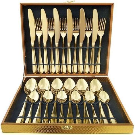 Ménagère 24 couverts dorés et modernes pour 6 personnes en acier inoxydable, pour mariage ou tout autre événement (1/4)