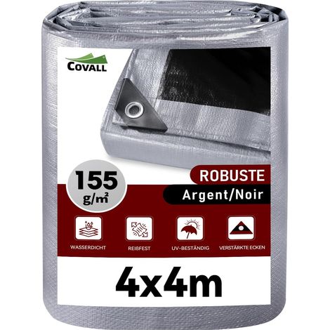 Bâche de Protection Imperméable pour Extérieur, Polyéthylène Renforcée avec Oeillets Anti-UV – pour, Jardin, Camping, Bois, 155 g/m² Argent/Noir, 4x4m (1/5)
