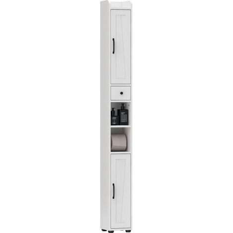 Armoire salle de bain haute, meuble de rangement colonne, 2 portes, tiroir, étagères réglables, 20x20x185cm, blanc
