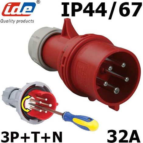 IDE – Prise mâle inverseur de phase 3P+N+T 32A étanche IP44 – Résistance aux chocs IK08 – Tenue au fil incandescent 960 °C – Pour installations industrielles (1/3)