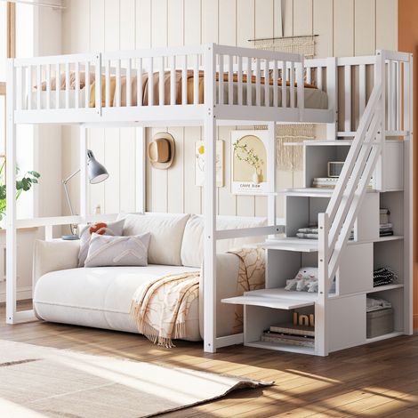Letto a soppalco 140x200 cm con scala contenitore, bianco, in legno, senza materasso FloraGrace (1/5)