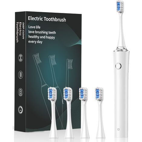 Brosse à dents électrique - 5 modes et 4 têtes de brosse, nettoyage en profondeur (blanche)-AquaForge