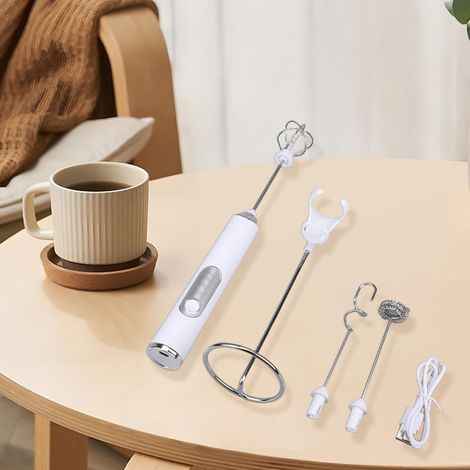 Mousseur à lait portable avec 3 vitesses réglables - Rechargeable par USB - Livré avec 2 agitateurs en acier inoxydable - Pour café, matcha, latte, cappuccino et chocolat chaud (blanc) (1/4)