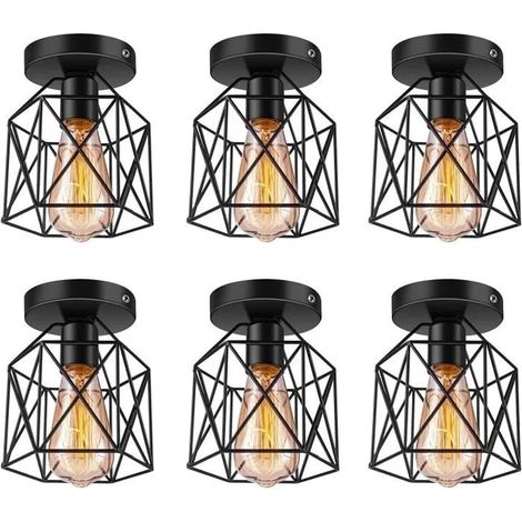 U-Do 6Pcs Plafonnier Carré Noir Lampe de Plafonde Cage en Fer design Vintage décoration pour Salon Couloir (1/4)