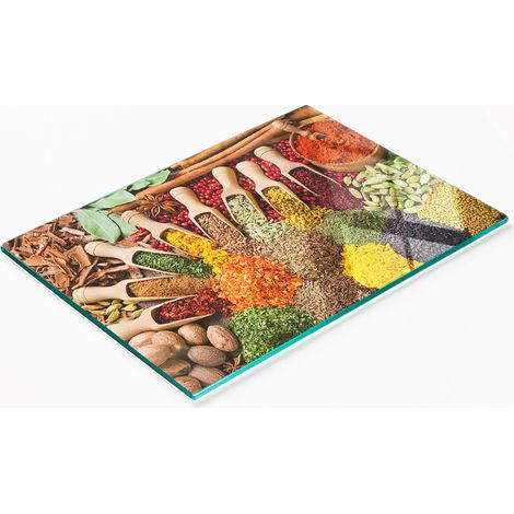 Dekoratives Küchenschneidebrett aus Glas mit bunten Gewürzen, 80 x 52 cm (1/5)