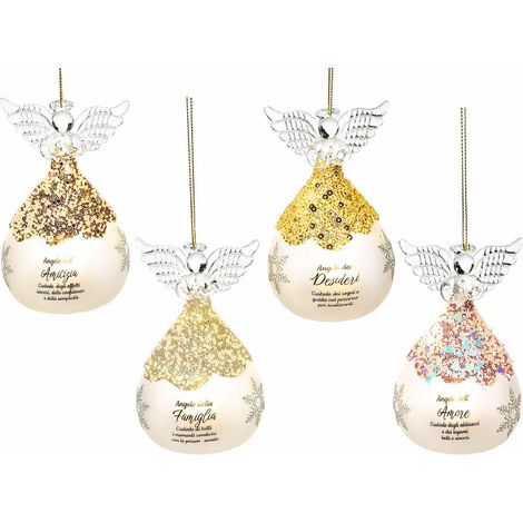 Angeli decorativi natalizi in vetro decorato colorato con luce LED e scritta in confezione regalo, set da 12 pezzi, Angelo: Ø 6,5 x 10,5 H
