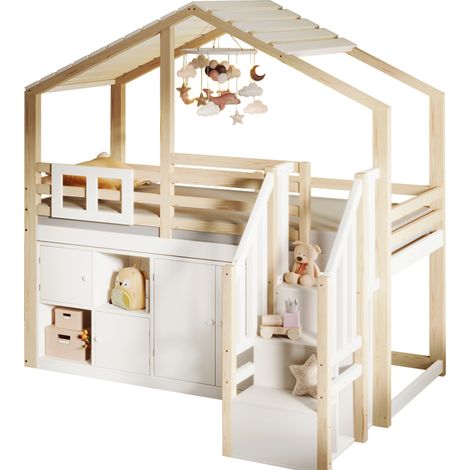 Cama alta infantil 90x200 cm con diseño de casita, barandillas, escalera con almacenaje, cajones y estantes abiertos, en madera y blanco  CHICFURN (1/5)