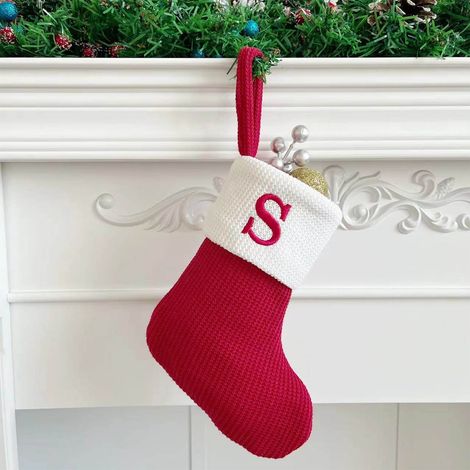 Chaussette De Noël - Tricotée En Laine - Brodée Lettre S - Pour Décoration De Cheminée Ou Arbre De Noël - 1 Pièce (1/5)
