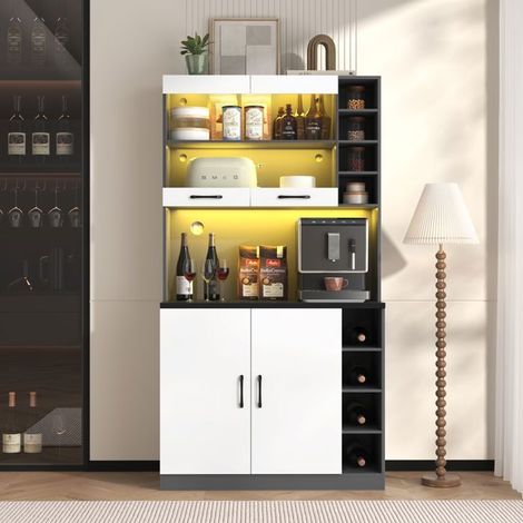 Buffet cuisine 100x50x190, grand espace micro-ondes Buffet, étagères latérales réglables, passe-câbles, structure bois, LED (1/5)