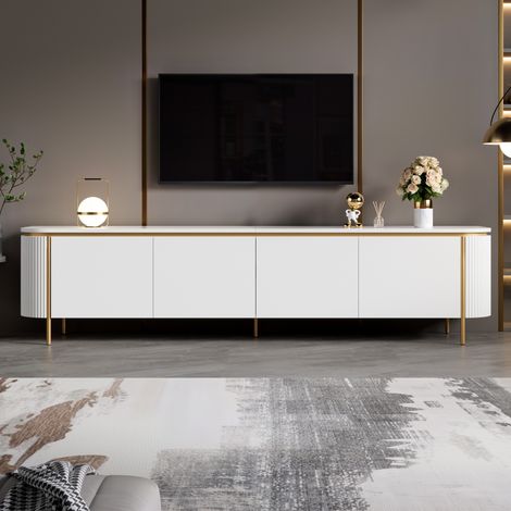 Mueble tv lowboard 180x38x46 cm para salón - mesa televisión de mdf con 6 puertas acanaladas y pasacables - estilo moderno elegante - blanco (1/5)
