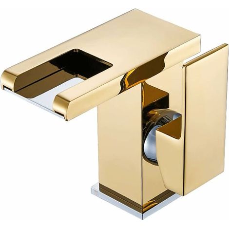 LED Waterfall Faucet Sink Bathroom Faucet, Modern Elegant Design Golden Brass Single Handle Sink, Hot and Cold Water Available, 3 Color Changes (1/5)