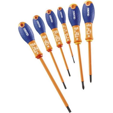 Jeu de 6 tournevis fente + Phillips isolés 1000 volts – E160910 – Longueur 150 mm, largeur 5,5 mm, empreinte tête pour vis à fente – Britool