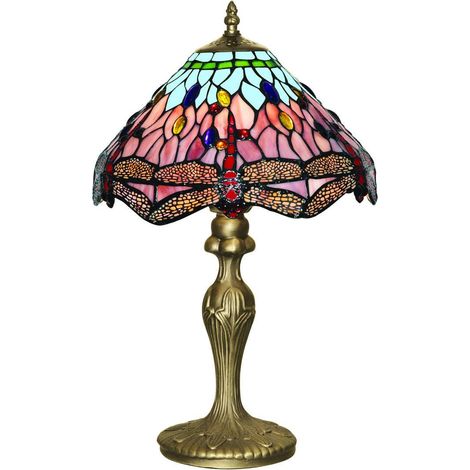 Searchlight Dragonfly - Lampe de Table 1 Lumière Laiton Antique, Verre Tiffany, Rouge, Bleu, E27