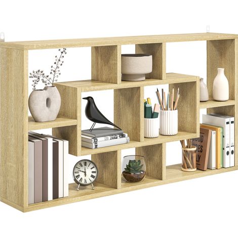 HOMCOM estante de pared decorativo, estantería para libro, CDs, baldas flotantes con 8 cubos, 85x14,5x47,5 cm, carga 20kg, roble