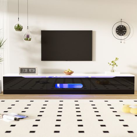 Meuble TV LED USB à Fixation Murale, Ambiance Lumineuse et Couleur Changeante, Design Brillant, 180x35x30 cm Noir et Blanc (1/4)