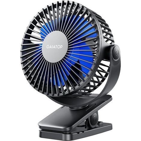 Gaiatop Tragbarer Clip-Ventilator mit Akku, kleiner, leistungsstarker USB-Tischventilator, 3 Geschwindigkeitsstufen, leise, wiederaufladbar, ideal für Camping, Schwarz und Blau (1/5)