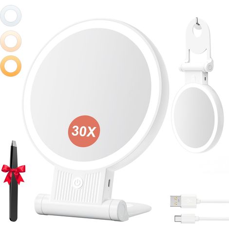 Miroir Grossissant Lumineux LED 30X/1X Rechargeable, Blanc Miroir maquillage LED, 3 couleurs, luminosité réglable, rotation 360°, à suspendre, pliable et portable pour maison et voyage (1/5)