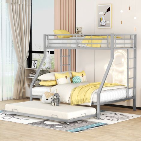 Lit superposé métallique avec lit gigogne 90x200/140x200 cm et double échelle, argent OKWISH (1/5)