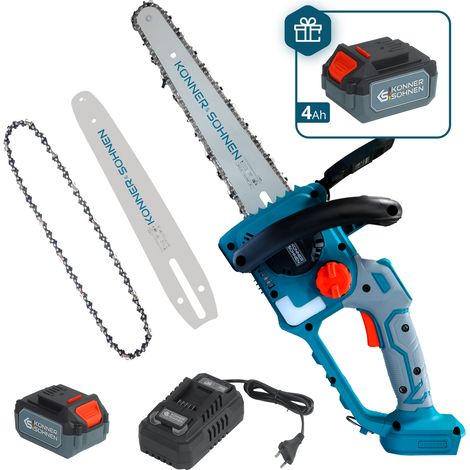 Motosierra a Batería Könner & Söhnen KS MCS20V-12 SET PLUS: Espada 30cm, 10m/s, Motor Sin Escobillas, incluye 2 Baterías 4Ah, 2 Cadenas y Cargador 4.5A (1/5)