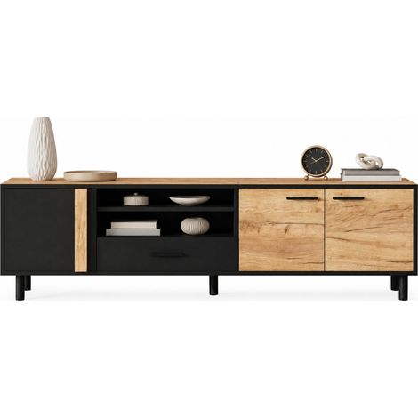 Meuble TV 180 x 32,5 x 50 cm pour téléviseur jusqu’à 80 pouces, avec 3 portes, 1 tiroir et 5 pieds, style bois clair et noir  CHICFURN (1/5)