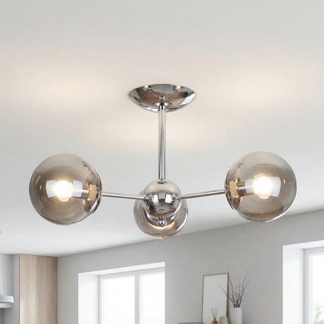 Deckenleuchte Metall Rauchglas 48 cm breit Chrom E27 3-flammig Kugel Schirm Retro Deckenlampe