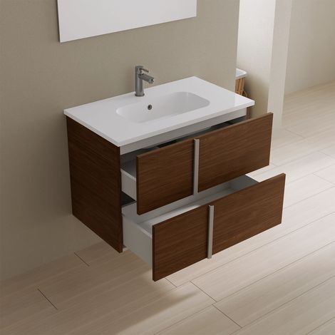 Meuble de salle de bain suspendu 80cm noyer foncé avec lavabo inclus et miroir Mod. Hoia