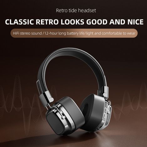 Écouteurs sans fil Bluetooth 5.3 noirs élégants de style rétro américain, avec des basses puissantes, compatibles avec l (1/5)