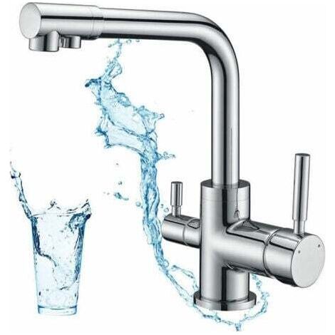 Robinet Cuisine 3 Voies Inox Brossé. Mitigeur Monocommande Pivotant 360°. Douchette Extractible pour Eau Filtrée et Non-Filtrée (1/4)